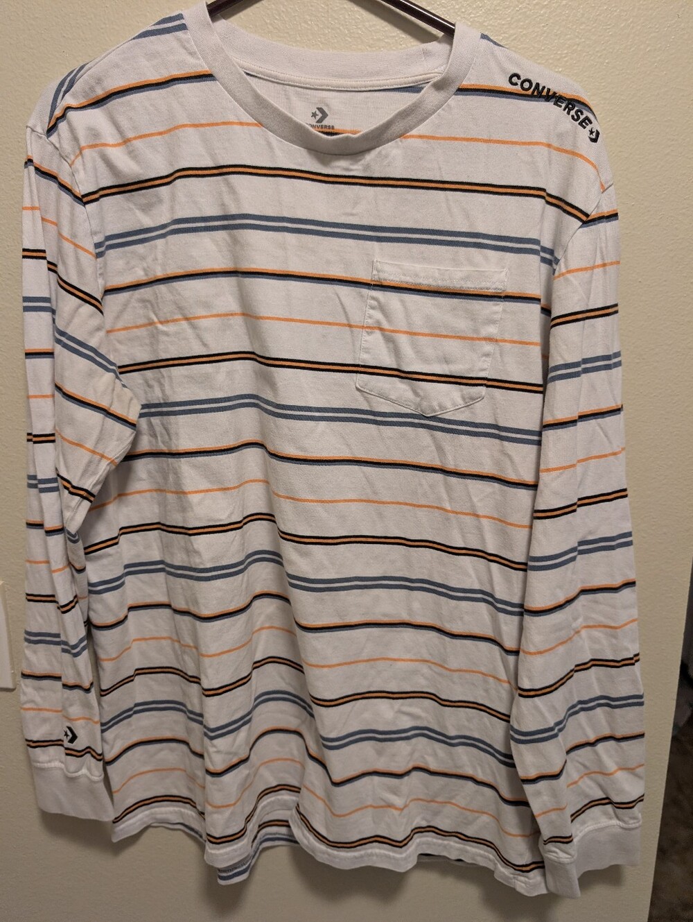 Converse White Long-Sleeve Pocket Tee with Blue, Orange & Black Stripes Size Xl